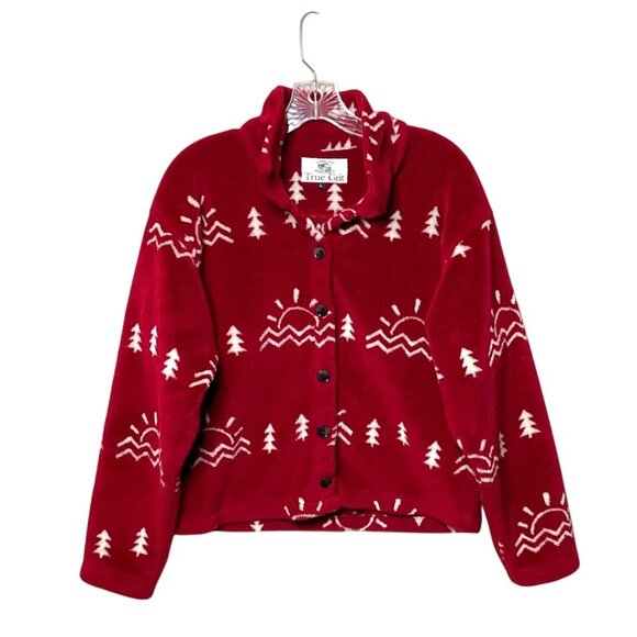 Vintage True Grit Women's Red Fleece Shacket White Tree & Sunrise Button Front L - Picture 8 of 8